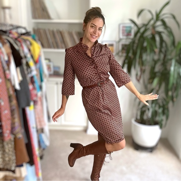 Vintage 70s Dress Geometric Ruffle Victorian Collar Maroon Medium Large - Picture 2 of 6